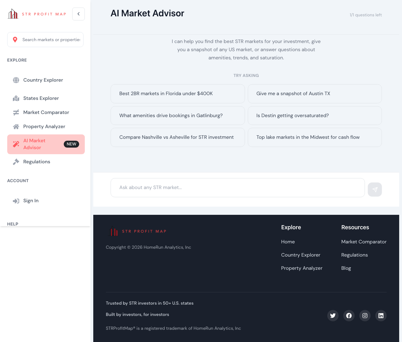 STRProfitMap AI Advisor welcome screen